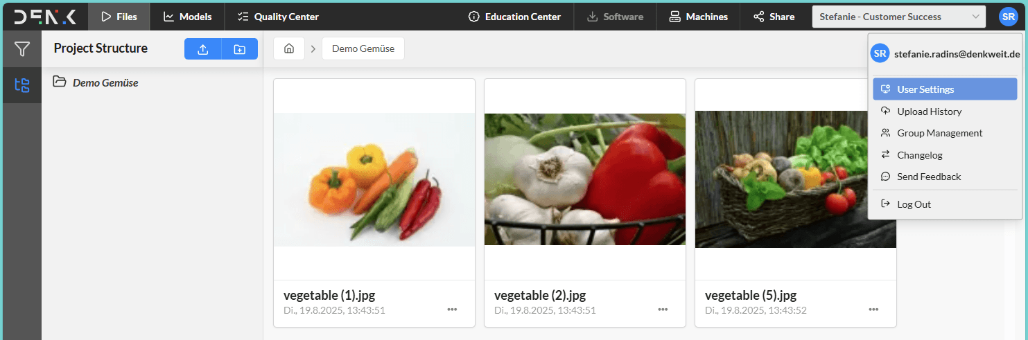 Neues Menü im DENK VISION AI Hub